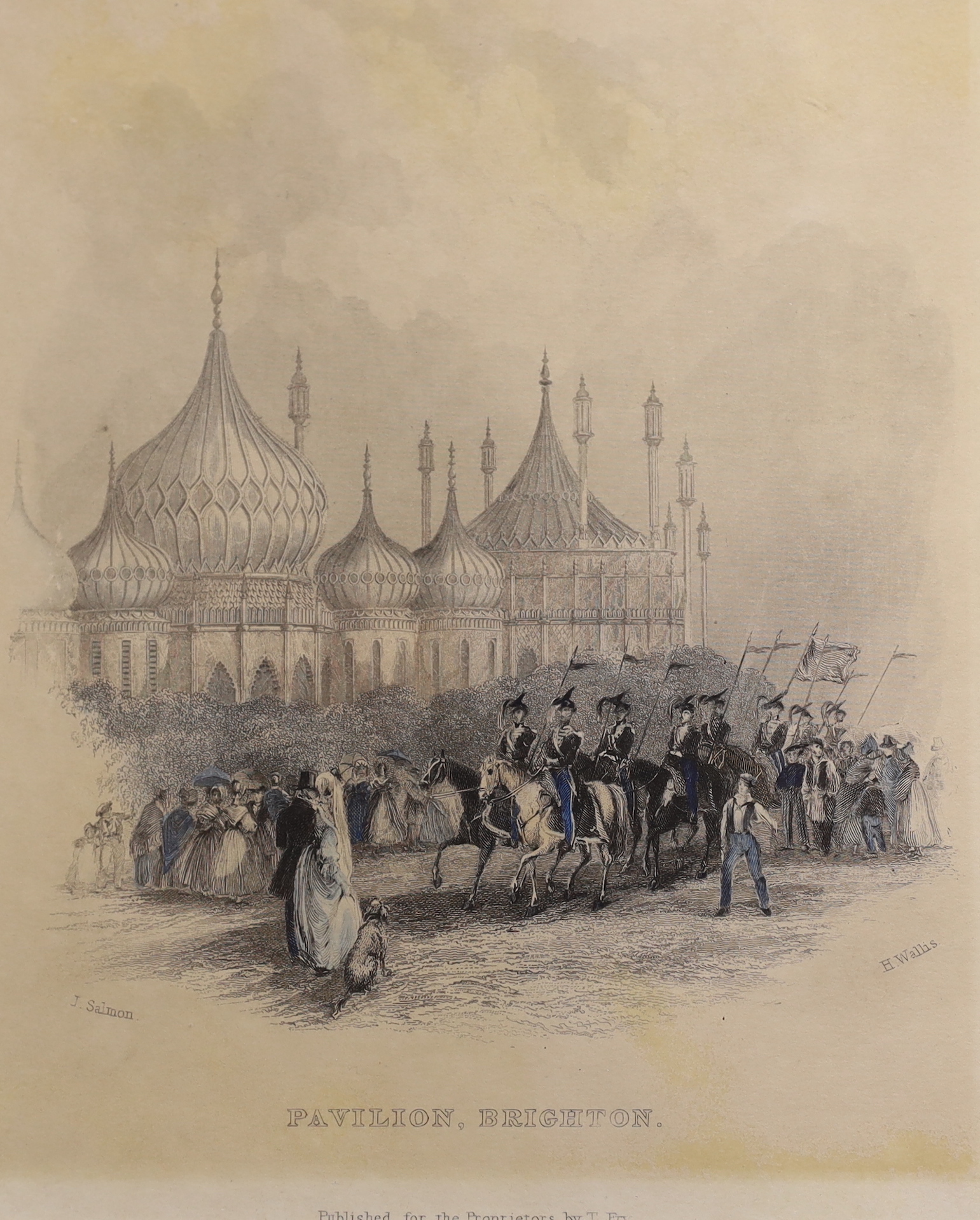 Eight 19th century engravings and prints of Brighton Pavilion and Old Steine, some hand coloured including A View of the Pavilion and Promenade, publ. 1849 by Mr Gavin Pocock, one after Humphry Repton, publ. 1808 by J C